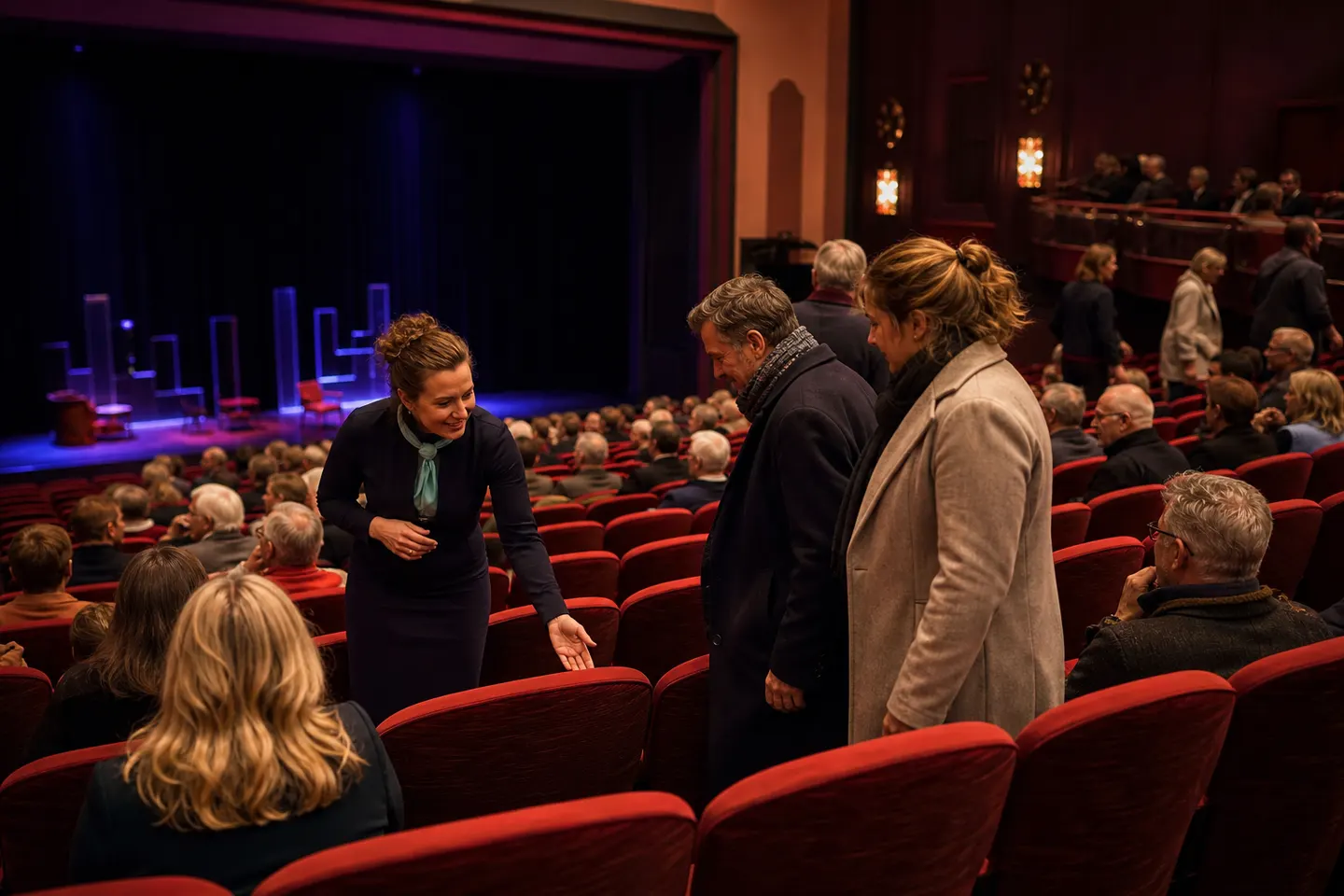 Bezoekers nemen plaats in een klein theater